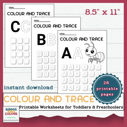Alphabet - Colour and Trace Printable Worksheets for Toddlers & Pre-schoolers