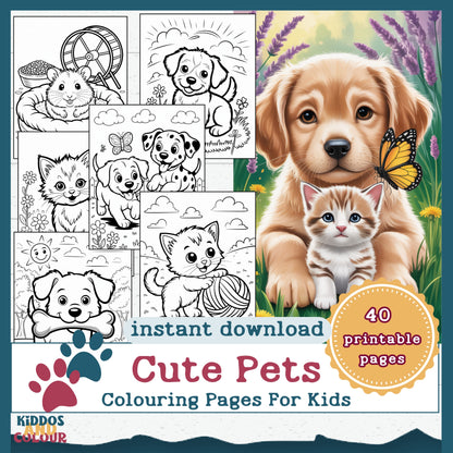 40 Cute Pets Colouring Pages for Kids – Printable Sheets with Cats, Dogs, Puppies, Kittens, Hamsters & Guinea Pigs | Instant Download