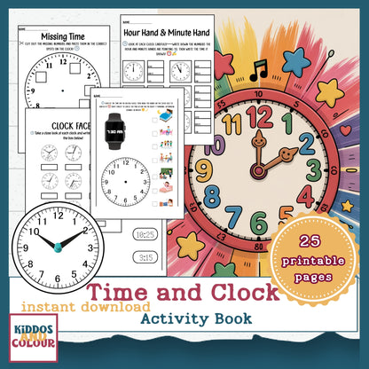 Time and Clock- Telling Time Worksheets for Kids, 25 Printable Activity Pages and DIY clock craft | Instant Download