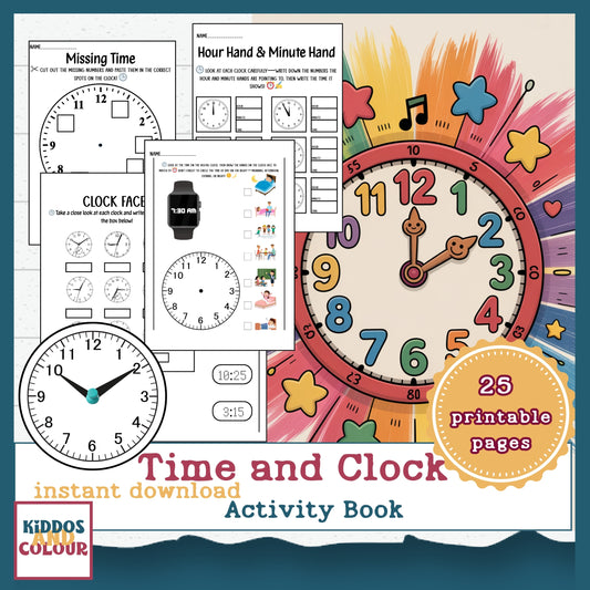 Time and Clock- Telling Time Worksheets for Kids, 25 Printable Activity Pages and DIY clock craft | Instant Download