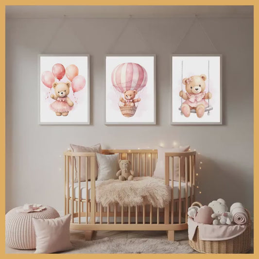 Pink Teddy Bear Nursery Wall Art Set of 3 Printable Prints – Swing, Balloons & Flying Bear Baby Room Decor, Baby Shower Gift