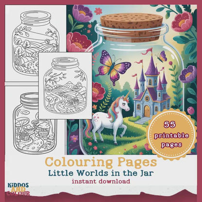 55 Colouring Pages Whimsical Worlds in Jars–  Printable Designs for Kids & Adults