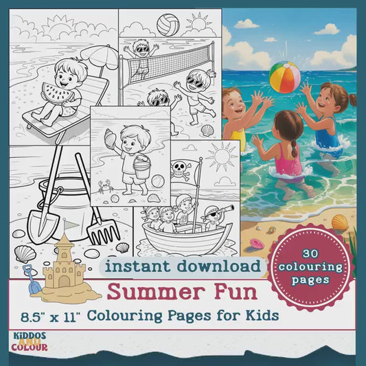 30 Summer Colouring Book for Kids | Beach, Water, Sand, Family Activities, Summer Holiday | Instant Download