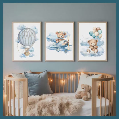 Teddy Bear Nursery Wall Art Printable Set – Blue Sky Cloud Baby Room Decor with Balloon, Plane & Bear – Digital Download Nursery Prints