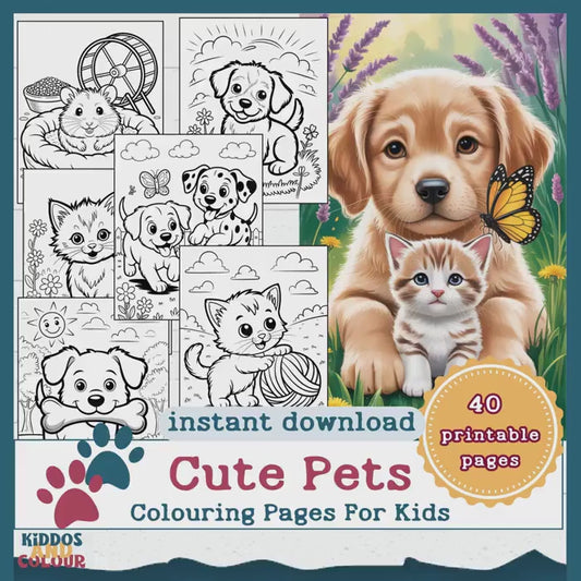 40 Cute Pets Colouring Pages for Kids – Printable Sheets with Cats, Dogs, Puppies, Kittens, Hamsters & Guinea Pigs | Instant Download